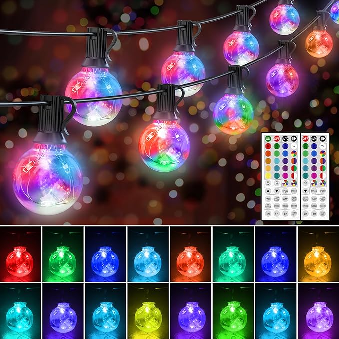 LED Outdoor String Lights 30FT Connectable G40 Patio Light Outdoor Waterproof with 30 LED Bulbs RGB Color Changing Cafe Decorative Lights with Remote for Outside Camping Gazebo Party Balcony Decor