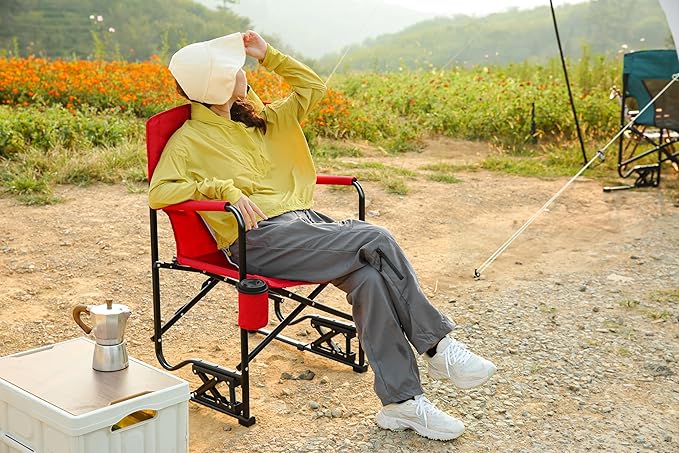 Outdoor Freestyle Rocker Camping Chair Portable Folding Rocking Chair with Solid Armrests Drink Holder Comfortable Backrest Red
