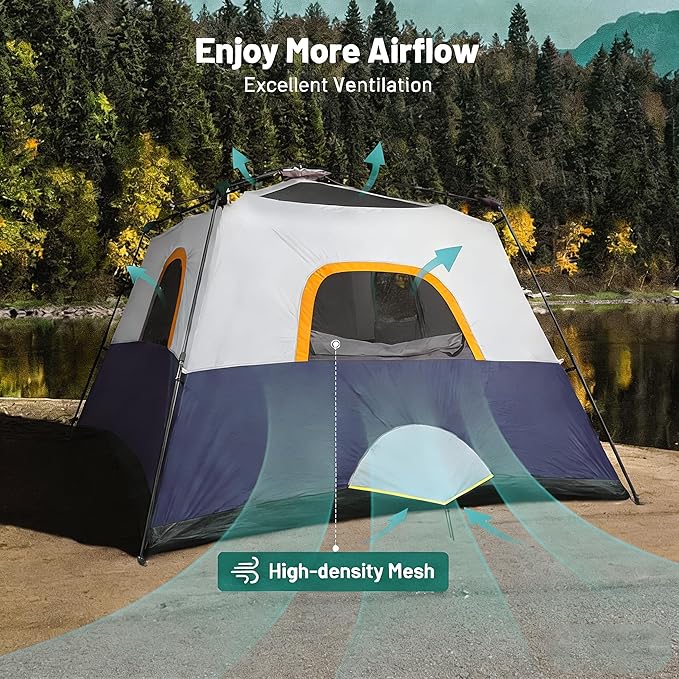 3/4 Person Camping Tent with 1 Door 4 Windows and Upgraded Ventilation– Instant Setup Waterproof 8'x 8'x 67''Oxford Fabric Floor Pop Up in 60 Seconds Includes Rainfly and Backpack