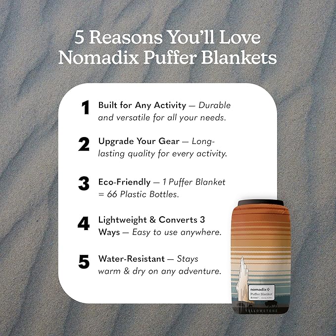 Nomadix Yellowstone Puffer Blanket – Water-Resistant Eco-Friendly Insulated Blanket with Snaps for Camping Beach and Travel Made from Recycled Materials