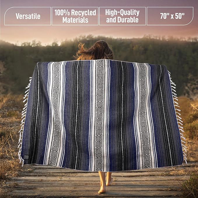Hydration Nation Authentic Extra Large Mexican Blanket (70x50) - Handwoven Yoga Serape - Artisanal Falsa Beach Camping Picnic Outdoor (Blue Haze)