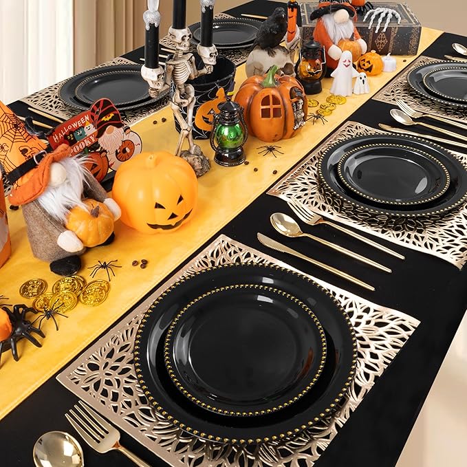 Rubtlamp 60Pcs Black Gold Plastic Plates Black Disposable Plates With Gold Beaded Heavyduty Plastic Plates Halloween Plates Include 30 Dessert Platos 30 Dinner Platos for Party