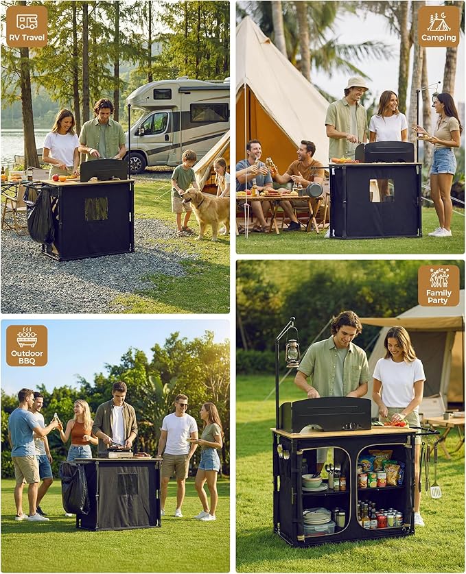 KingCamp Bamboo Camp Kitchen Station Folding Overland Camping Kitchen Table Hooks Portable Outdoor Cooking with Adjustable Lantern Pole &amp Windshield Storage Organizer for Tailgating BBQ Picnic RV