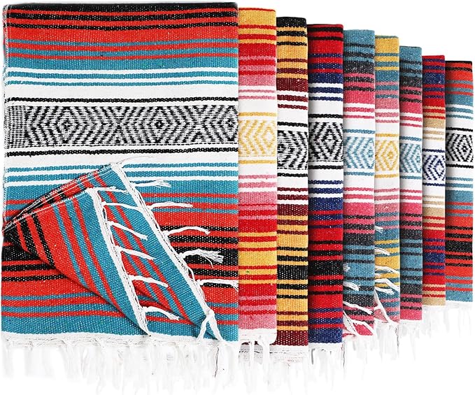 Peryiter 9 Pcs Mexican Blanket Bulk Large Yoga Blanket Striped Falsa with Fringed for Outdoor Beach Picnic Couch 45 x 70 inch(Light Colors)