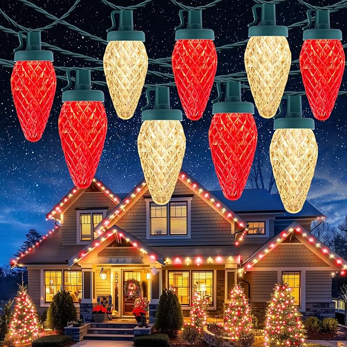 C9 Christmas Lights Outdoor Waterproof 114 Feet 150 LED C9 String Lights with Timer &amp 8 Light Mode Connectable Christmas Tree Lights for Indoor Outside Roofline Patio Decoration Red &amp Warm