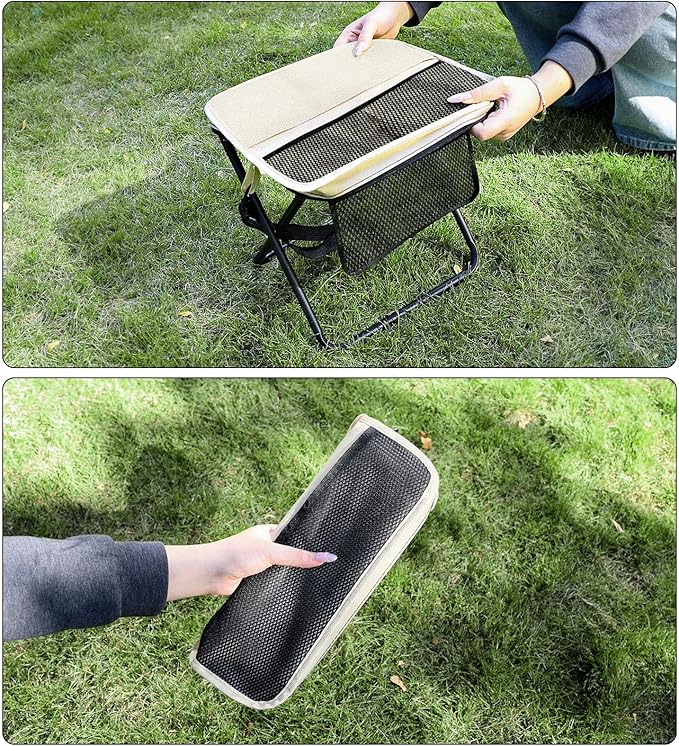 2 Pack Portable Folding Stools Collapsible Pocket Chair Foldable Camping Stool for Adults Backpack Outdoor Seats Foot Rest for Travel Hunting Fishing Hiking Gardening - Large Khaki
