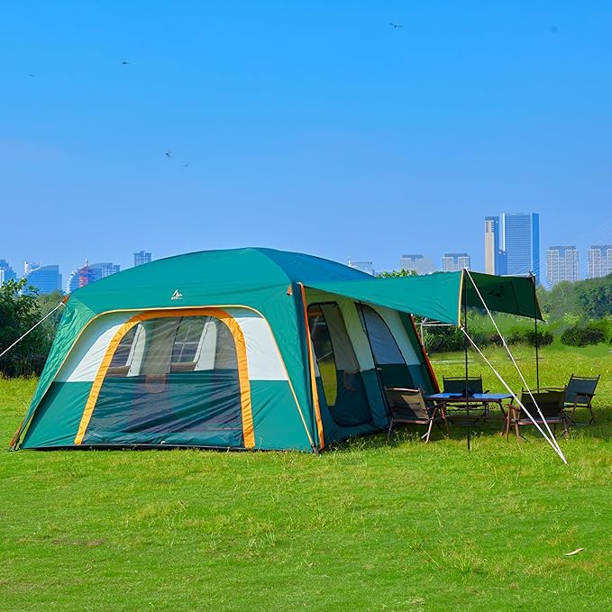 KTT Extra Large Tent 12-14 PersonFamily Cabin Tents2 RoomsStraight Wall2 Doors 4 Windows with MeshWaterproofStraight WallBig Tent for OutdoorPicnicCampingGathering(Brown)