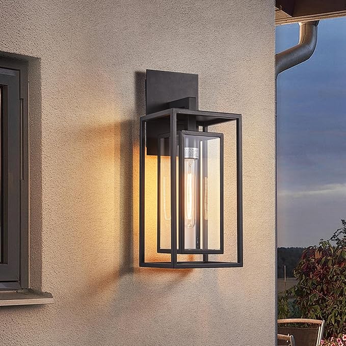 18Ht Modern Industrial Outdoor Wall Light Fixture with Textured Black Anti-Rust Metal and Clear Glass Wet Rated for Exterior House Porch Patio Outside Deck Garage Yard Front Door Garden