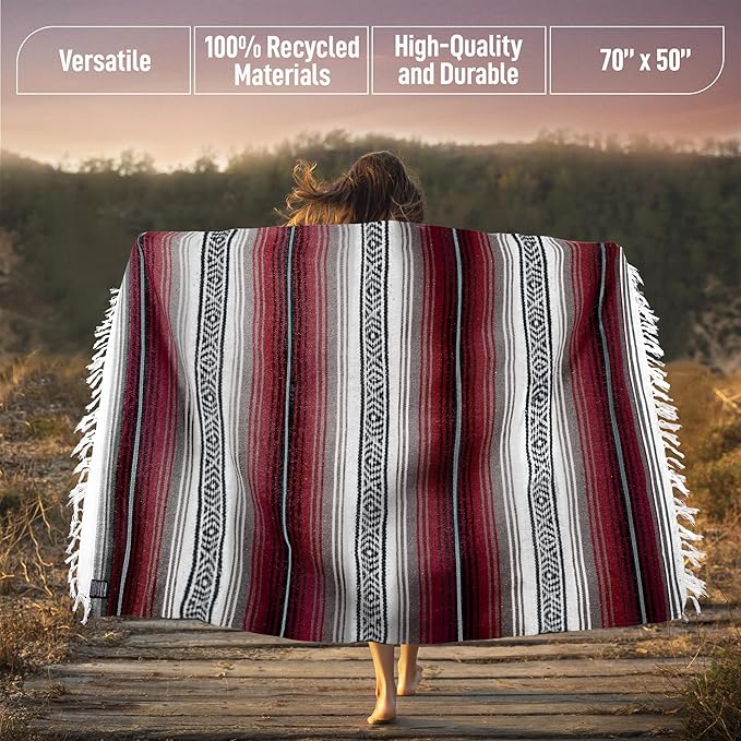 Mexican Blanket (Authentic Handmade Falsa) - Durable Lightweight Baja Indian Blanket for Yoga Beach Camping Picnic Car/Truck Outdoor Mexican Throw Baja Saddle Blanket 70x50 Cherry