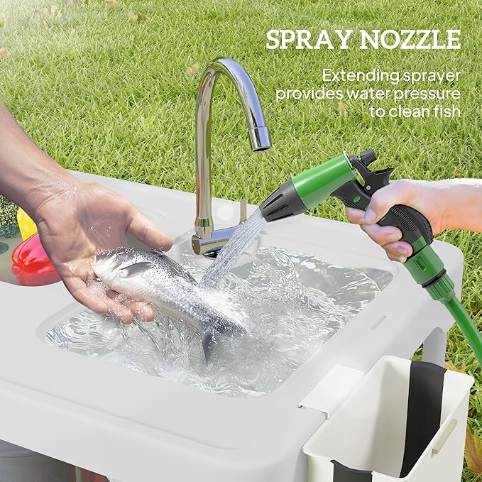 Outsunny Folding Fish Cleaning Table with Sinks Portable Camping Sink Table with Faucet Drainage Hose Sprayer Shelf Drawer and Storage Basket Outdoor Fillet Table for Picnic Beach Patio White