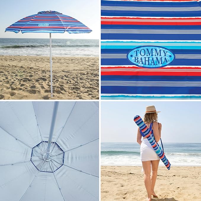 Tommy Bahama 6' UPF 50+ Tilt Beach Umbrella with Integrated Sand Anchor Wind Vent and Carry Bag