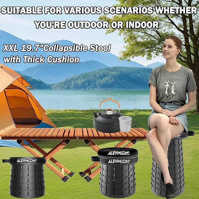 ALEVMOOM Upgraded 19.7 XXL Collapsible Stool with Cushion Portable Telescoping Stool Capacity 1000lbs Heavy Duty Retractable Folding Chair for Adults for Camping Fishing Hiking BBQ
