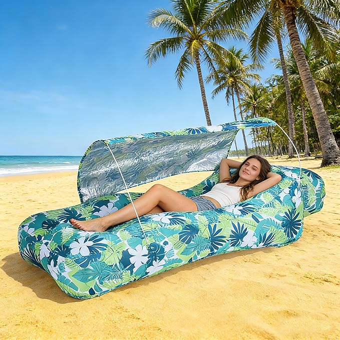 Inflatable CouchAir Sofa with Sun-Shade DesignBuilt-in StorageRipstop Polyester&ampStability PegsPortable Air Lounger for BeachCampingEasy to Carry2 Inflation Ways(Included Pump)Leaf Green