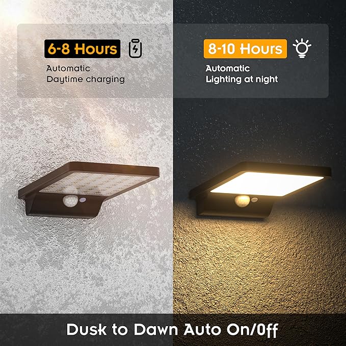 (2 Pack) Solar Outdoor Wall Light Waterproof 2025 Model 2000mAh Battery 350 Lumens 3 Modes 3000K Warm White Motion Sensor Solar Lights for Fences Camping Steps Deck Doors Posts Patios