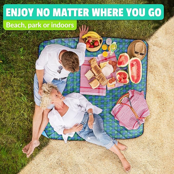 Beach Blanket Sand Proof &amp Outdoor Picnic Blanket - Water Resistant Large Mat for Camping or Travel. Washable Foldable Easy Carry Compact Tote Bag (Green/Blue Plaid)