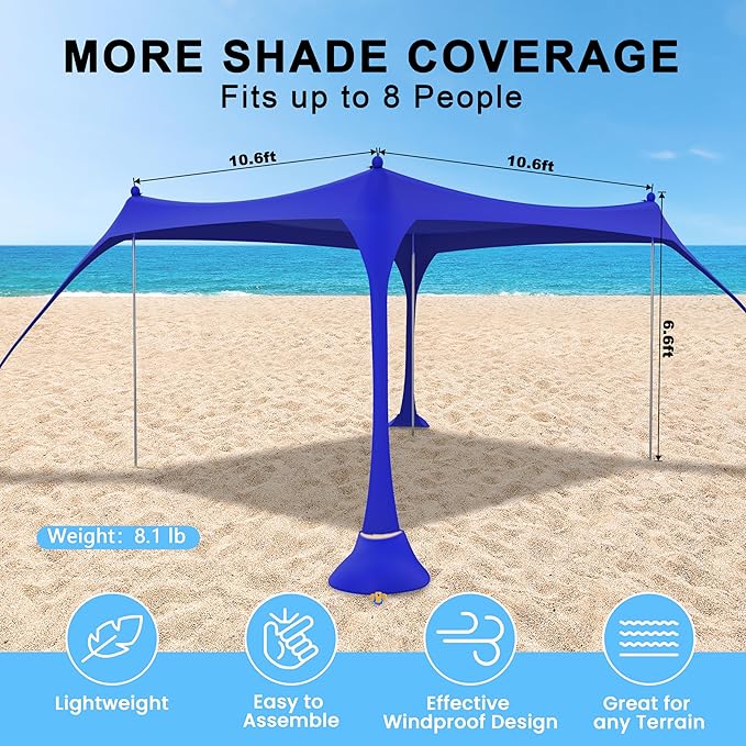 ihuan Beach Tent Sun Shelter 10X10FT UPF50+ with 4 Aluminum Foldable Poles Easy Setup Outdoor Shade Canopy for 8 Person Camping Sun Shelter for Fishing Family Trips Backyard Picnics