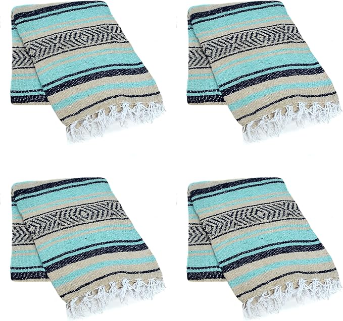 La Montana Mexican Blankets and Throws 4 Pack 74x50 - Made in Mexico Lightweight Yoga Blanket for Schools Studios Outdoors Camping Picnic Decor - Machine Washable Mint/Tan/Navy