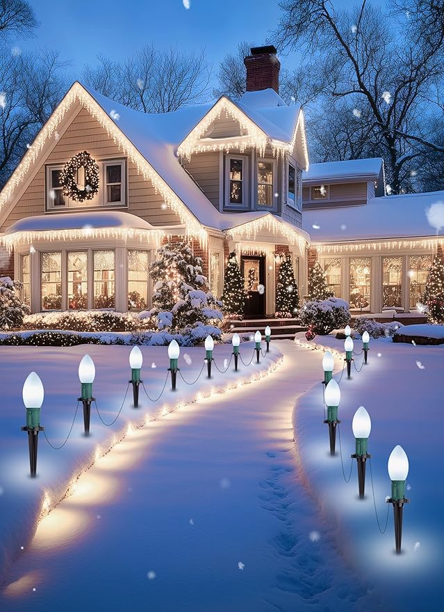 Brightown Frosted C9 LED Christmas Lights Outdoor 32Ft Pathway Lights with 25 LED Bulbs Pure White