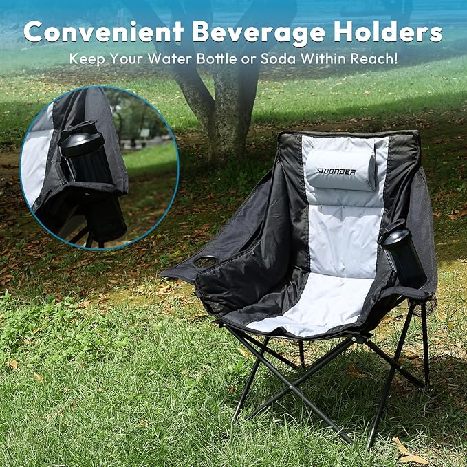 Swonder Oversized Moon Camping Chair with Innovative 2-in-1 Removable Seat Cushion for All Seasons Heavy-Duty Fully Padded Folding Outdoor Chair with Headrest and Carry Bag