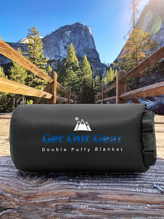 Get Out Gear Double Puffy Camping Blanket - Extra Puffy Packable Lightweight and Warm | Ideal for Outdoors Travel Stadium Festivals Beach Hammock | Water-Resistant Camp Quilt (Black/Blue)