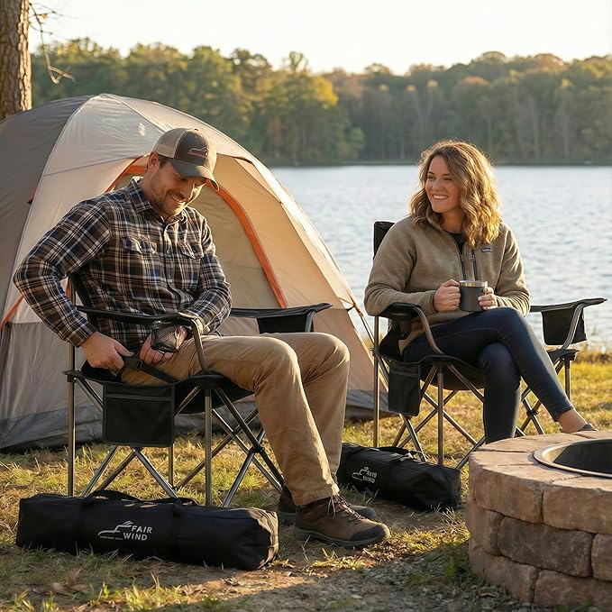 FAIR WIND 2 Pack Heavy Duty Camping Chair Oversized Padded Folding Chair for Big and Tall (450lbs) Extra Wide Seat with Integrated Cooler &amp Storage Pocket Adjustable Lumbar Support for Outdoor