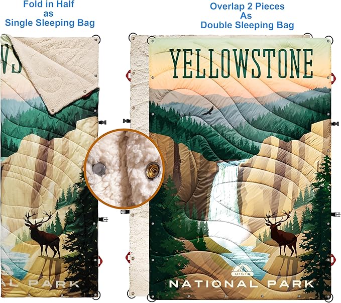 Sherpa Puffy Outdoor Blanket for Camping Traveling Car Picnics Beach Concert Stadium Sporting Events - Wearable Machine Washable Soft Warm Waterproof - 55 X 78 (Yellowstone NP)