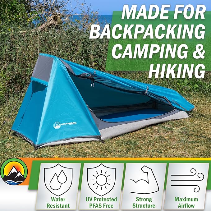 Single Person Tent - 1 Person Camping Tent with Rainfly and Carrying Bag - Lightweight Outdoor Bivy Bag Shelter for Backpacking Hiking or Camping Essentials by Wakeman Outdoors (Blue)