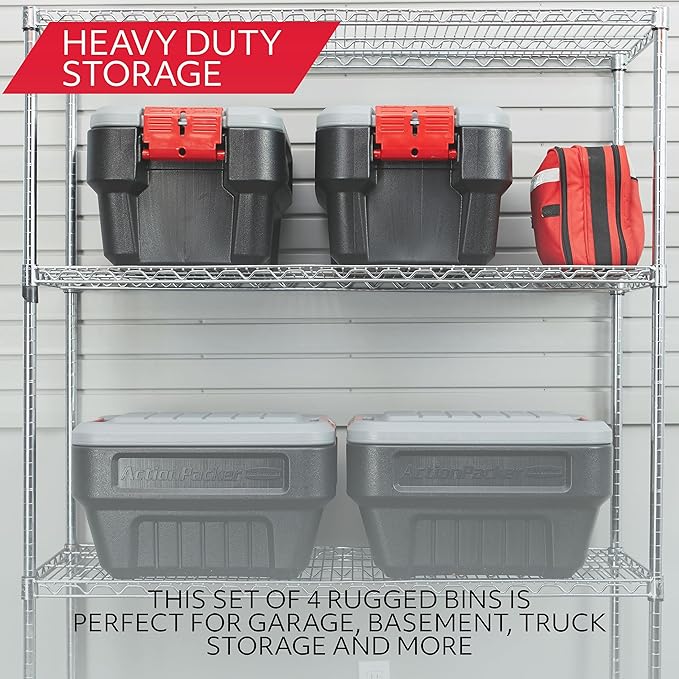 Rubbermaid® ActionPacker®️ 8 Gal Lockable Storage Box Pack of 4 Outdoor Industrial Rugged Grey and Black