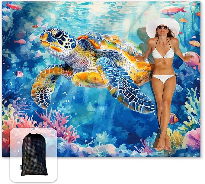 Sunlit Large Beach Blanket Waterproof Sand Proof 81 x106 Sand Free Beach Mat with Anchored Pockets and Storage Bag for Travel Beach Camping Outdoor Festival Deep Sea Turtle in Coral Reef