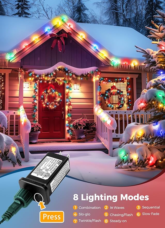 C9 Christmas Lights Outdoor 114 Feet 150 LED C9 String Lights with Timer &amp 8 Light Modes Waterproof Commercial Grade Connectable Christmas Tree Lights for Indoor Outside Roofline Patio Multicol