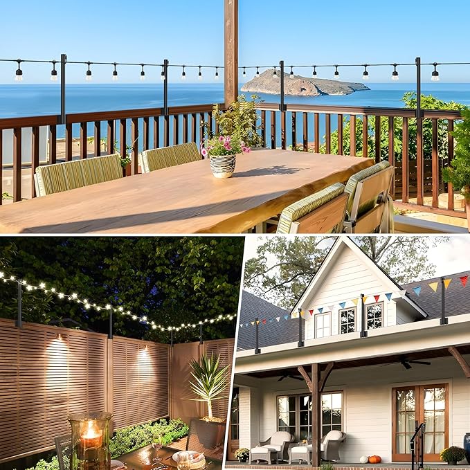 Suchtale 8 Pack 1.3 FT String Light Poles Suspension Outdoor Fence Post Lights with Clip and Bracket Outside String Lights Hanging Wall Mounting Stand for Patio Garden Backyard Wedding Party Black