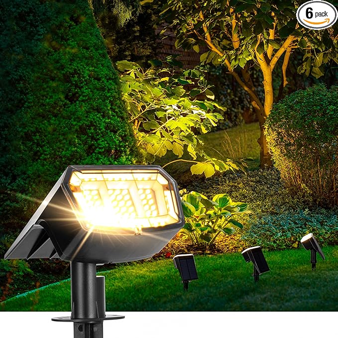 Solar spotlights Outdoor 63 LED 3 Lighting Modes IP65 Waterproof Lighten Yard Garden House Garage Pathway for Christmas Decorations-6 Pack