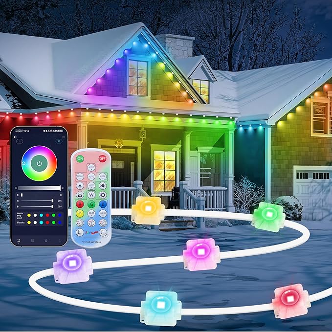 Permanent Outdoor Lights for House 40FT with 24 LED Smart RGB Christmas Outdoor Lights with App Remote Control Waterproof IP67 Eave Lights DIY Scenes Mode for Holiday Garden Decor