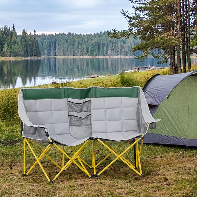 Loveseat Style Camping Chair Oversized Folding Lawn Chair with Carry Bag &amp Cup Holders for Outdoor Beach Picnic Hiking Travel Green &amp Gray