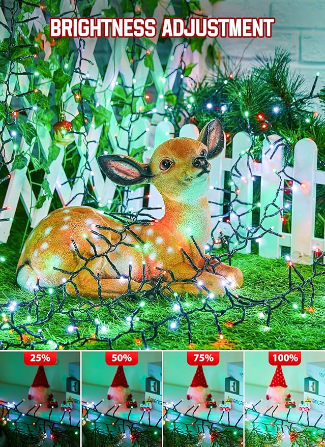 Minetom 50 Ft 1000 LED Cluster Lights Christmas Tree Lights Outdoor Christmas Firecrackers String Light 12 Modes Timer Remote Waterproof Plug in Twinkle Light for Xmas Tree Party Red Green ＆ White