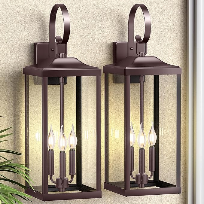 2 Packs 24 Extra Large 3-Light Outside Wall Light Fixture Oil Rubbed Bronze Outdoor Porch Lantern Wall Mounted Waterproof Modern Brown Outside Wall Sconce Coach Lamp for House E12