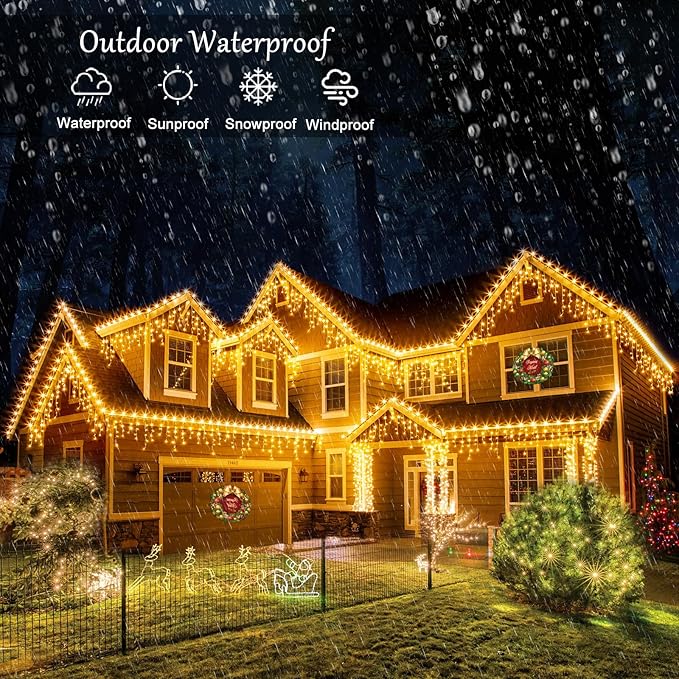 Icicle Christmas Lights Outdoor 132ft 1280 LED Icicle Lights for Outside Plug in Twinkle Lights Indoor with 8 Modes Timer Waterproof for House Holiday Decor Wedding Christmas Decorations Warm White