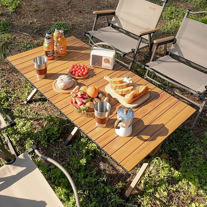 Whitsunday Folding Camping Table Aluminum Portable Roll-Up Picnic Table 4-6 Person for BBQ Backyard Patio Party Wood Grain 34.6 * 23.6 * 17.3