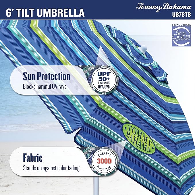 Tommy Bahama 6' UPF 50+ Tilt Beach Umbrella with Integrated Sand Anchor Wind Vent and Carry Bag