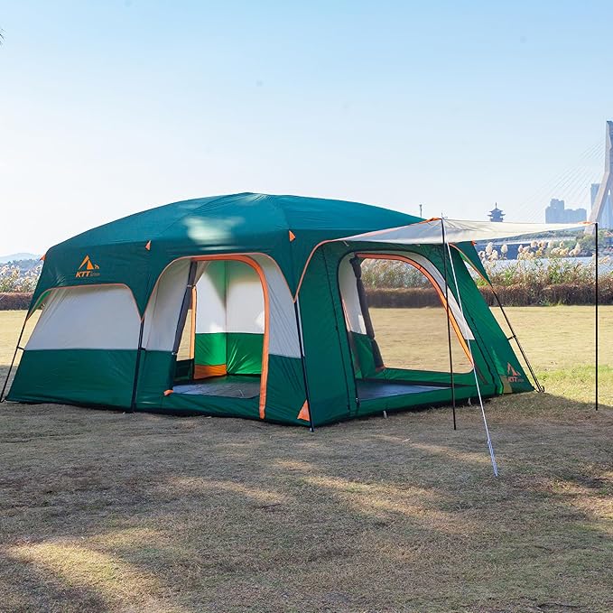 KTT Extra Large Tent 10-12-14 Person(A)Family Cabin Tents2 Rooms3 Doors and 3 Windows with MeshStraight WallWaterproofDouble LayerBig Tent for OutdoorPicnicCampingFamily Gathering
