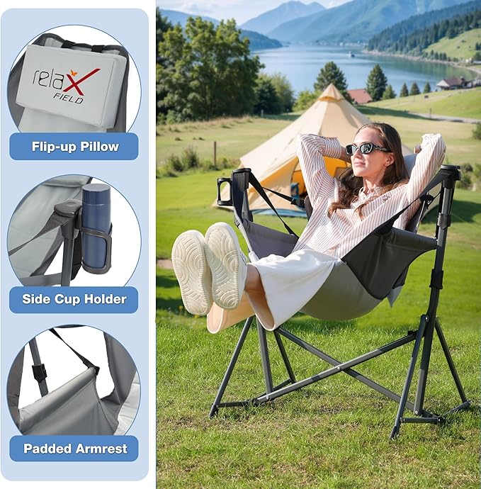 Hammock Camping Chair 3 Heights Swinging Chair with Adjustable Backrest Folding Rocking Chair with Head Pillow&ampCup Holder Outdoor Chair for Camping and Hiking Supports 350lbs Grey