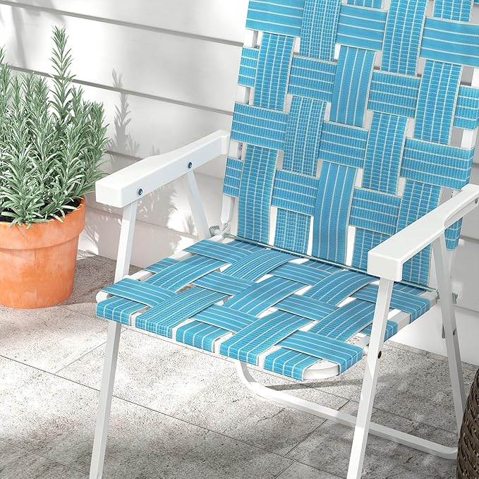 Set of 2 Patio Folding Chairs Classic Outdoor Camping Chairs Portable Lawn Chairs for Camping Garden Pool Beach Backyard w Armrests Blue