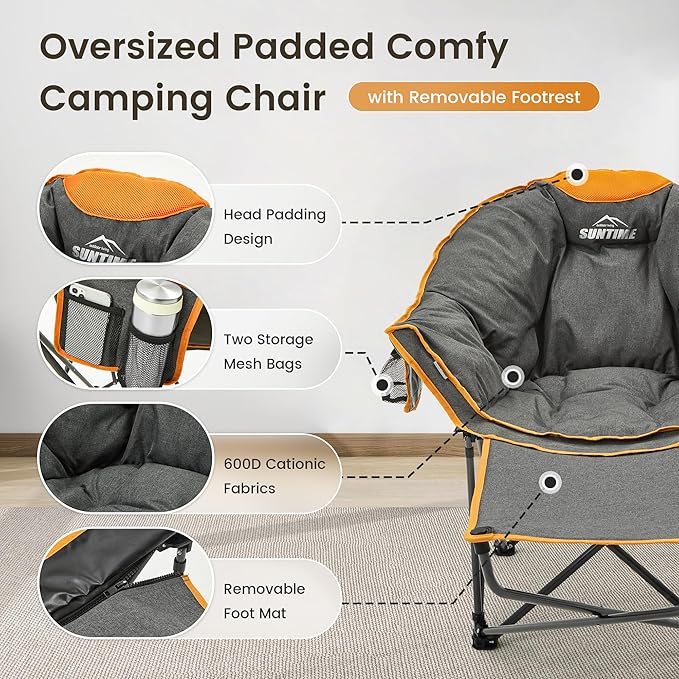 OUTDOOR LIVING SUNTIME Oversized Padded Comfy Camping Chair with Removable FootrestWeight Capacity 400LBS Heavy Duty Moon Round Leisure Folding Chair for Camping Hiking Carry Bag Orange