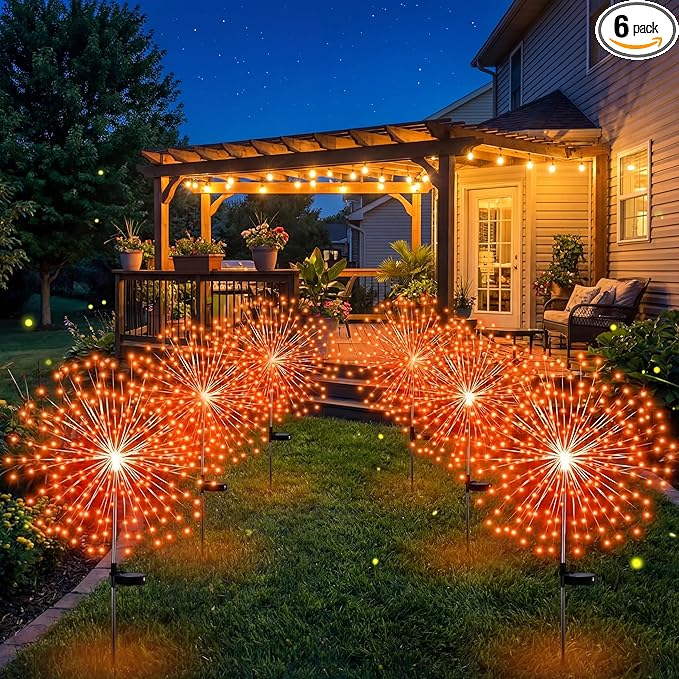 6 Pcs Easter Solar Firework Stake Lights 180 LED 8 Modes Solar Waterproof LED Sparkler Lights Outdoor Decoration for Easter Day Xmas Holiday Garden Patio Yard Pathway Walkway Orange
