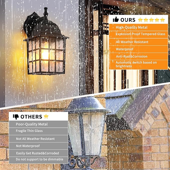 Dawn to Dusk Sensor Outdoor Wall Light Fixtures Waterproof Anti-Rust Exterior Lighting Fixtures Black Outdoor Wall Lantern for Porch Patio Front Door Garage House -2 Pack