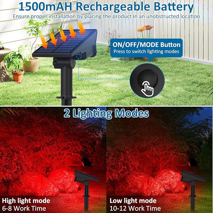 T-SUNUS Christmas Red Solar Lights for Outside IP65 Waterproof Auto On/Off Adjustable Landscape Spot Lighting Garden Spotlight Outdoor Tree Pathway Yard Driveway Wall Patio Lawn Flag Halloween 4 Pack