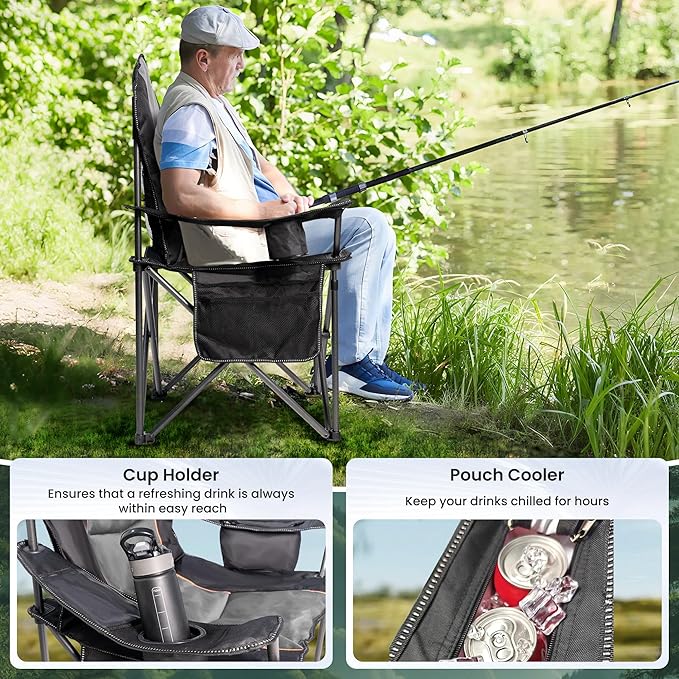 Folding Camping Chairs for Adults - High Back Padded Outdoor Lawn Chairs with Lumbar Support &amp Cup Holder (Black &amp Gray 1 Pack)