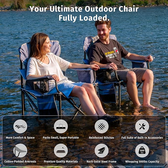 EAST OAK Oversized Camping Chair Heavy Duty Camping Chairs for Adults 500LBS Support 600D Oxford Cup Holder &amp Side Pocket Ideal for Camping Beach Sports Events Backyard &amp Tailgating Gray