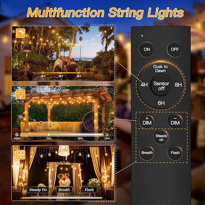 Ollny S11 Outdoor String Lights with Remote 30 FT 3 Modes Dimmable Timers Waterproof Connectable Patio Lights 15+1 LED Spare Bulb Dusk to Dawn Hanging Light for Indoor Porch Balcony Cafe