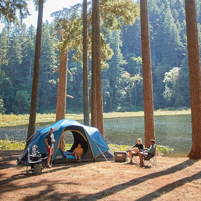 Coleman 4/6/8/10 Person Skydome Dark Room Tent with Rainfly 5 Minute Setup Blocks 90% of Sunlight 20% More Headroom Than Traditional Tents
